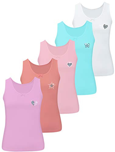 LOREZA® 5 Filles sous-vêtements en Coton Débardeur Enfants Strass - modèle 2 - Lot de 5-8-9 Ans