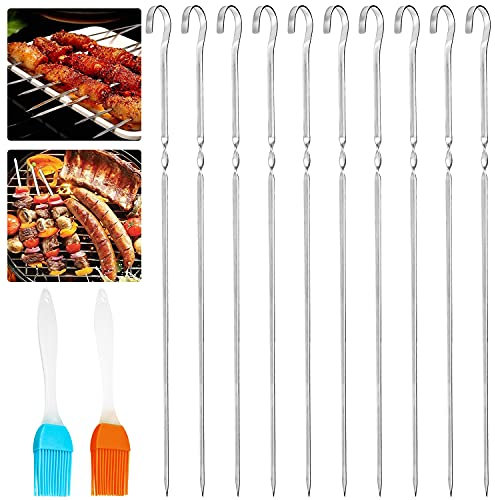 Brochettes pour Barbecue en Acier Inoxydable 20 Pièces Réutilisables pour Barbecue Viande légumes avec 2x brosses à huile en silicone, 35 cm