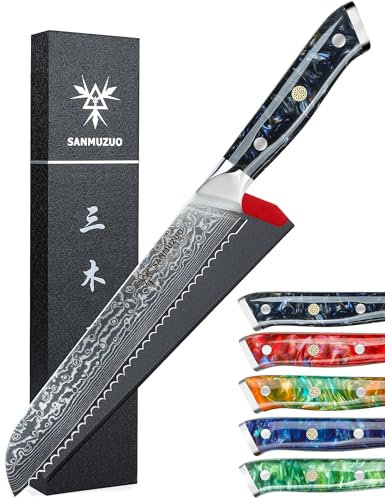 SANMUZUO Coltello da Pane Damasco Professionale - Coltello da Cucina 20 cm, Coltelli Pane di Acciaio Damasco da 67 Strati- Impugnatura Ergonomica Resina - Xuan Series (Starry Black)