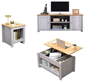 Homemade Deisgn FurnitureHMD Living Room 3 Piece Set TV Cabinet 2 Doors TV Stand Lift-up Top Coffee Table with Hidden Compartment Lamp Table Small Side Table (Set B)