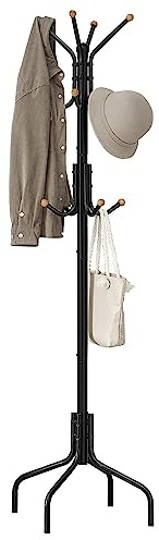 SONGMICS Coat Rack Freestanding, Metal Coat Rack Stand with 12 Hooks and 4 Legs, Holds Clothes, Hats, and Bags, for Entryway, Living Room, Bedroom, Black URCR031B01