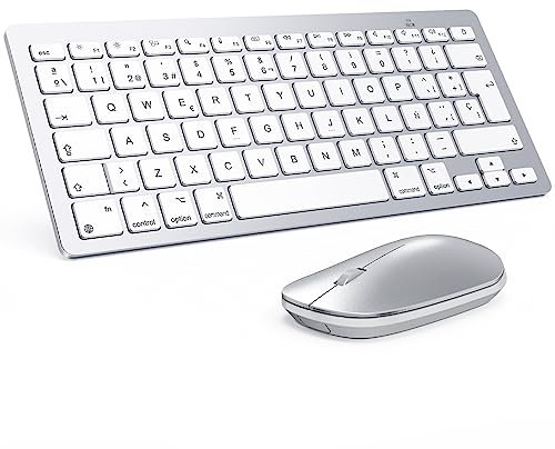 OMOTON Teclado y Ratón Bluetooth para Mac, Mini Teclado y Ratón Inalámbrico Delgado para Apple Mac, MacBook Pro/Air, iMac, MacMini, 2*AAA Pilas (No Incluidas), QWERTY Español, Plata