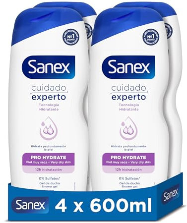 Sanex Cuidado Experto Pro Hydrate Gel de Ducha, Pack 4 Uds x 600ml, Fórmula con Prebiótico Natural, Hidrata Profundamente la Piel, 12H Hidratación, 0% Sulfatos, para Piel Muy Seca