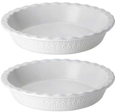 Fun Elements Ceramic Pie Pan, 9 Inch Pie Plate for Baking, Ruffled Pie Dish, Non-Stick Deep Dish Pie Pan for Apple Pie and Pot Pie, Set of 2, White