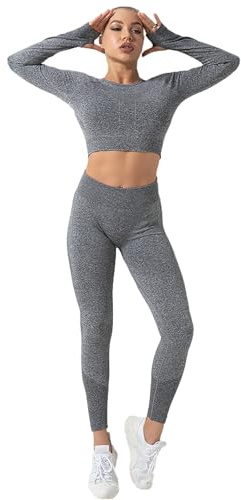 Jamron Donna Inverno Spesso 2 Pezzi Set di Abbigliamento Yoga Crop Top + Leggings Tuta da Ginnastica Grigio SN079110 L