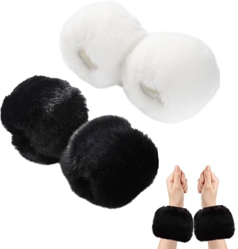 EUPSIIU 2 Stücke Fell Pelz Armstulpen, Fell-Kunstfell-Manschetten, Damen Pulswärmer, Winter Handgelenk Wärmer, Weiche Kunstpelz Pulswärmer, für Dekoration (Schwarz, Weiß, Einheitsgröße)