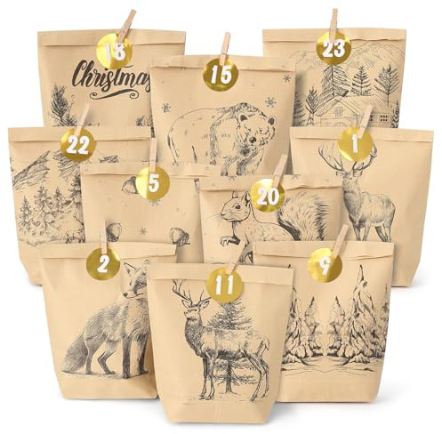 2024 Advent Calendar for Filling, 24 Advent Calendar Bags for Filling, Advent Calendar to Fill Yourself, Christmas Calendar for Filling with Sticker and Wooden Clamp, Cosy Winter Black Motif