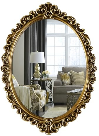 OIGUMR Ovaler Wandspiegel, Vintage, Hängespiegel für Schlafzimmer, Wohnzimmer, Kommode, Dekor (Gold; Rahmengröße: 51,8 x 36,8 cm)