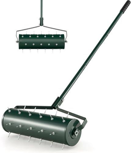 TANGZON 45cm/53cm Lawn Aerator, Heavy-Duty Rolling Spreader Lawn Care Tool with 130cm Metal Handle, Fillable Drum, Manual Aerator Gardening Roller for Garden Grass Patio Yard (Green,53x14x130cm)