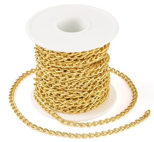 PandaHall - Catena barbazzale in alluminio da 10 m, color oro, non saldata, con bobina, per la creazione di bracciali, collane e gioielli punk