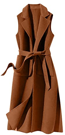 2025 - Chaleco de invierno para mujer de lana con correa de color sólido con personalidad chaleco largo chaqueta abrigo de mujer a cuadros, marrón, L