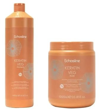 Set Keratin Veg, Shampoo e Maschera Senza Sali per Capelli Colorati e Trattati, adatti per stiratura alla cheratina, completamente Vegani,1000 ml