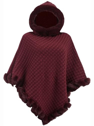 crazy bean Poncho Elegante de Punto para Mujer Chal Invierno para Mujer con Capucha Cálido y Suave Capa de Cuello Redondo para Climas Fríos Burdeos