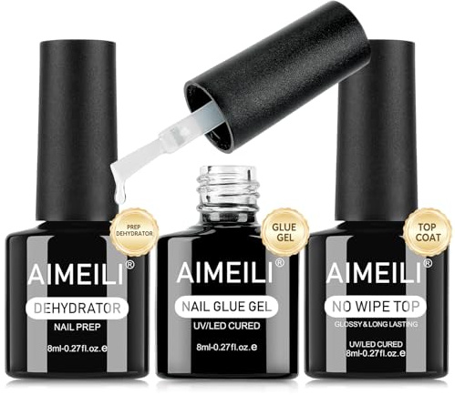 AIMEILI Pegamento para uñas Ultrafuerte Top Coat y Dehydrator, Nails Glue Gel Capa Superior Nail Dehydrator Set Soak Off UV/LED Para Manicure Home Salon DIY, 3 x 8 ml