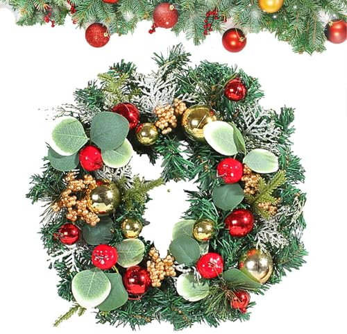 wiroouia Coronas navideñas para Puerta de Entrada | Decoraciones navideñas de Corona Artificial con Frutos Rojos,Bolas y Agujas de Pino, Coronas de 11,8 Pulgadas para Puerta, Porche
