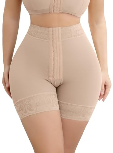SHAPSHE High-Waist Shapewear Shorts, Tummy Control, 3-Row Front Hooks | Open Crotch | 4 Flexible Waist Stays | Silicone Waist & Leg Grips | Contoured Back Seams | Lace Leg Hem