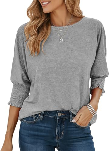 Cuptacc Tee Shirt Femme Manche 3/4 Col Rond Chemise Basique Léger Tunique Rides Manchette Confort Hauts Femme
