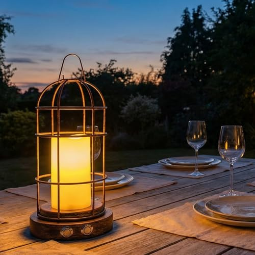 Tomshine Lanterna LED Effetto Fiamma, Lampada da Tavolo Vintage Ricaricabile Senza Fili, Lanterna con Candela in Metallo Dimmerabile, Luce Portatile per Interni, Giardino & Camping (Coperto)