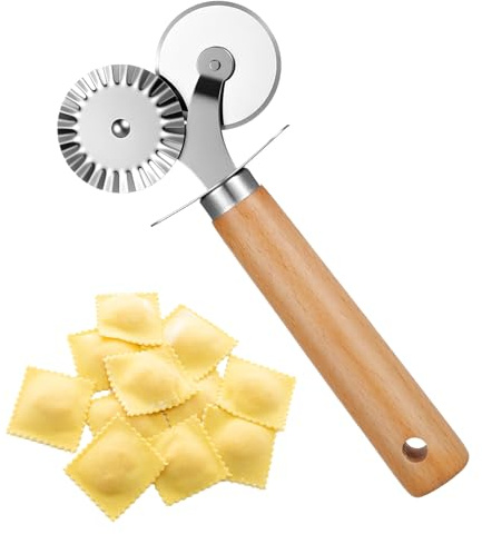 Oruola Pastry Cutter for Baking,Double Fluted Pastry Cutter Wheel,Double-Blade Pasta Cutters,Stainless Steel Double Roller Dough Cutters with Wooden Handle for Pizza,Ravioli,Cookies