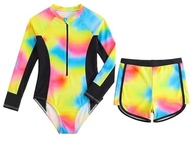 JiAmy Mädchen Badeanzug Langarm 2 Teilig mit Badeshorts UV Schutz Rashguard Schwimmanzug Bademode Bedebekleidung für 10-11Jahre