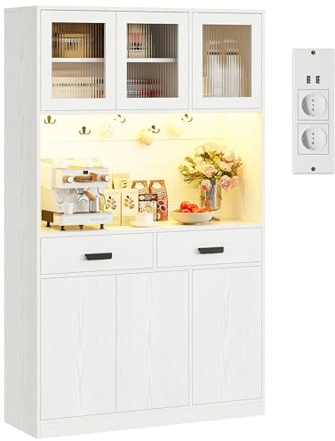IRONCK Kitchen Cupboard 180cm Tall Cabinet with LED&Power Outlet, Sideboard Storage Cabinet with Large Countertop, 2 Drawers, Ajustable Shelf, Kitchen Units Dining room, living Room,180x110x38cm,White