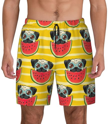 Uusnwaa Traje de baño divertido para hombre con estampado de sandía francesa, con forro de compresión, traje de baño de secado rápido con bolsillos, pantalones cortos de playa, Negro, XL