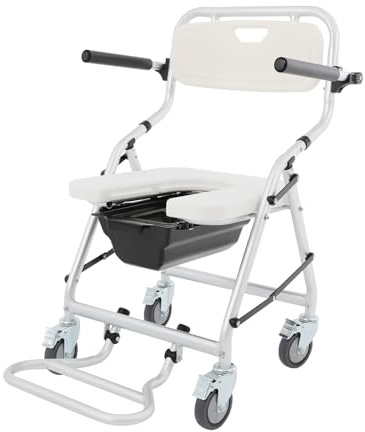 Vikbar toalettstol av aluminiumlegering, toalettstol på hjul med broms, vikbar duschstol av aluminium upp till 150 kg, ergonomisk toalettrullstol med hink, silvervit