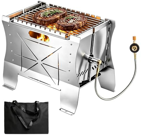 uifame Parrilla de gas portátil pequeña, parrilla de gas de acero inoxidable para camping, parrilla de gas plegable para balcón, parrilla de mesa para gas o carbón, parrilla de gas portátil con bolsa