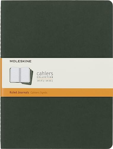 Moleskine Cahier Journal, Set 3 Notebooks with Ruled Pages, Cardboard Cover with Visible Cotton Stiching, Colour Myrtle Green, Extra Large 19 x 25 cm, 120 Pages