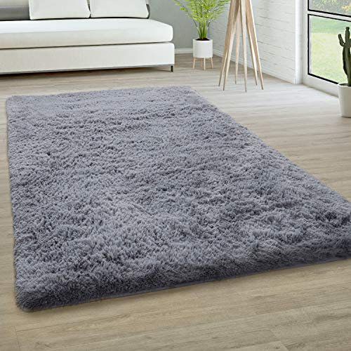 Paco Home Hochflor Teppich Wohnzimmer rutschfest Fellteppich Shaggy Flauschig Weich Modern Kunstfell Fell Imitat Einfarbig, Grösse:60x100 cm, Farbe:Grau