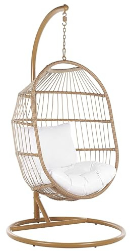 Poltrona Sospesa con Cesta in Corda di Poliestere Beige per Interno ed Esterno Boho