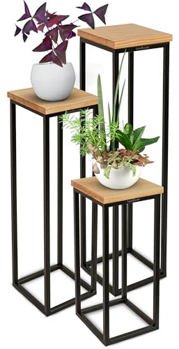 holz4home® Dekoständer aus massiv Eichenholz I Blumenständer Natur Geölt I 3 Größen im Set I Dekosäule mit Stahlrahmen I Blumentreppe aus Metall & Holz Geölt