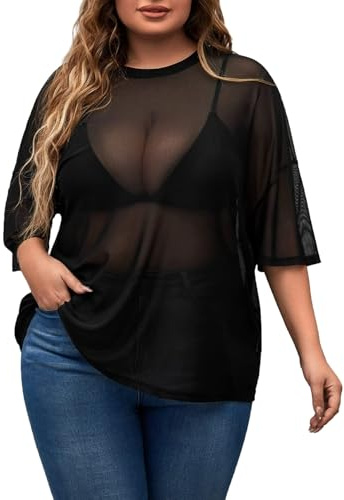 MakeMeChic Women's Plus Size Concert Outfits Fall Mesh Tops Sparkly Shirts | Halloween, Rhinestone Top, See Through, Concert Outfits Women, Fall Going Out Tops, Black Mesh, XX-Large Plus