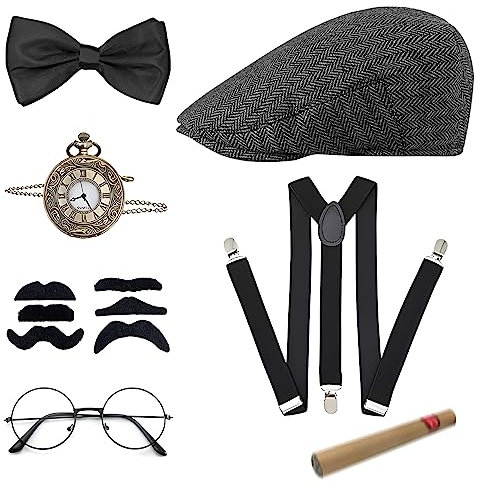 20er Jahre Kostüm Herren Accessoires, Mafia Kostüm Herren, Peaky Blinders Kostüm, Kostüm Party Herren mit Gangster Panamahut Taschenuhr Hosenträger Fliege Bärte Brille, für Karneval Fasching Halloween