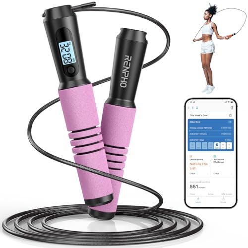 RENPHO Springseil, Smart Fitness Skipping Rope mit APP Daten Analyse, Workout-Jump Rope, Speed Rope für Fitnesstraining, Crossfit, Profi Sport, Springseil für Erwachsene, Damen, Herren, Kinder, Rosa
