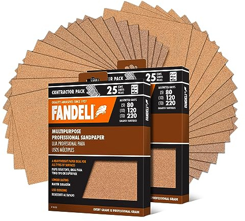 Fandeli | Multi-Purpose Sanding Paper | Assorted Grits (80,120,220) | 50 Sheets of 23 x 28 cm | Perfect for Sanding Metal and Sanding Wood | Hand Sanding | Orbital Sanders | Polish Sandpaper
