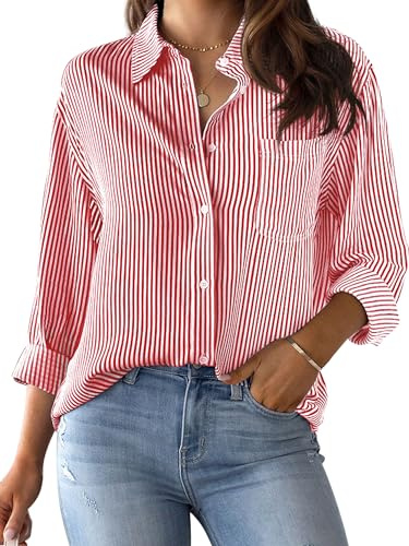 CUNLIN Red and White Striped Shirt Women Long Sleeve Button Down Tops for Shirts Dressy Womens Boyfriend Blouses Fashion Red Size XL