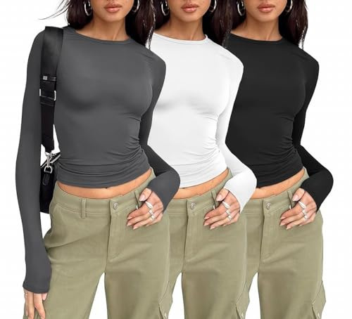 MSIYOW 3 Pezzi Maglia Maniche Lunghe Donna Magliette T-Shirt Donna Y2K Manica Lunga Crop Top (S, Grigio, Bianco, Nero)