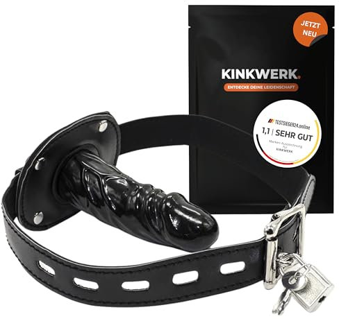 KINKWERK Mundknebel mit Silikon Dildo | Abschließbar und individuell verstellbar für Männer, Frauen und Paare | Ø 3cm, 10cm lang (schwarz)