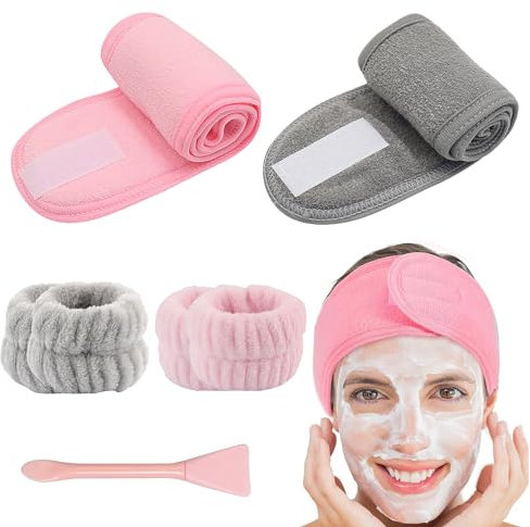 7 Stück Haarband Kosmetik Handgelenk Waschbänder Set, Make Up Haarband Klettverschluss mit Maskenpinsel Gesicht Kosmetik Stirnband für Gesicht Sport Yoga (Rosa+Grau)