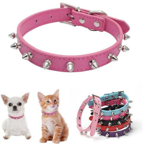 Spikad valp hundhalsband mjukt första lagret kohud läder svamp nit spikade hundar katthalsband het rosa XS