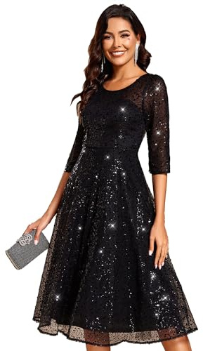 Ever-Pretty Robe Cocktail Femme Paillettes Manches Mi-Longues pour Soirée Bal de Promo Noir 38