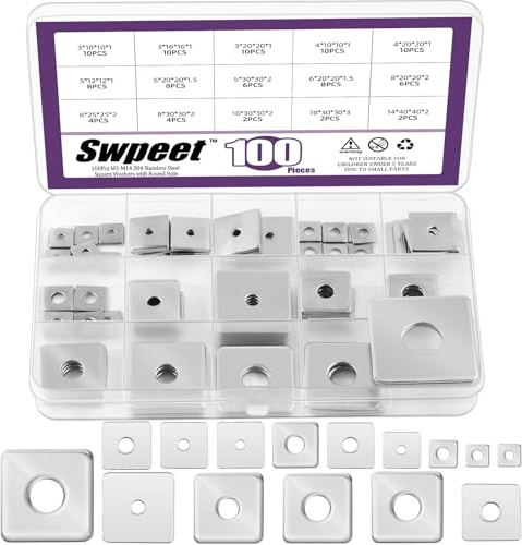 Swpeet 100 pezzi, 15 misure, M3, M4, M5, M6, M8, M10, M14, 304, rondella quadrata in acciaio inox, color argento, con foro rotondo, set di rondelle per fissaggio hardware