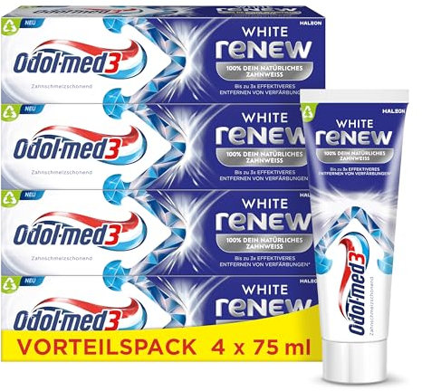 Zahncreme - Odol-med3 White reNEW Zahnpasta, bis zu 3x effektiveres Entfernen von Verfärbungen*, Bildung eines Schutzschilds für langanhaltend weiße Zähne***, 4x75ml
