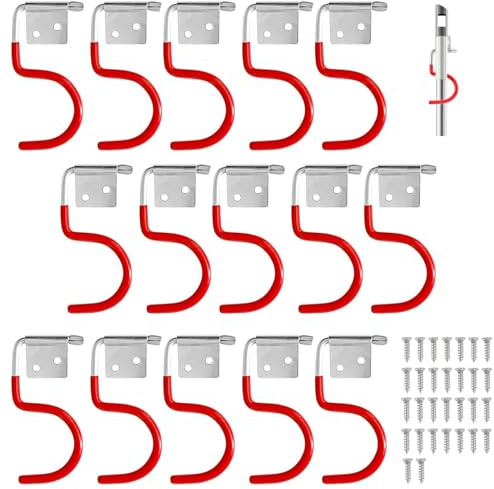 Gartengerätehalter Metallhaken, 15 Stück Gerätehalter Rot Haken, Besenhalter Werkzeughalter, Gummierung Gartengeräte, mit 30 Stück schrauben, für Garagen, Geräteschuppen, Keller, Abstellräume, Gärten