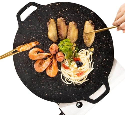 Korean Barbecue Grill - Flat Griddle, Non-Stick Cookware, Round Cooking Plate for Cooker, Induction, Top Pan, Roaster, Kitchen Appliances, Korean Style, BBQ Meat Steak, Frying Use