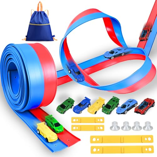 Ulikey Piste de Course Flexible, 4.6M Piste de Voiture Enroulable, 6 Voitures + Ventouse + Sac de Rangement, Circuit Voiture Enfant Jouet Cadeau pour Garçons Filles 3+ Ans, Rouge et Bleu