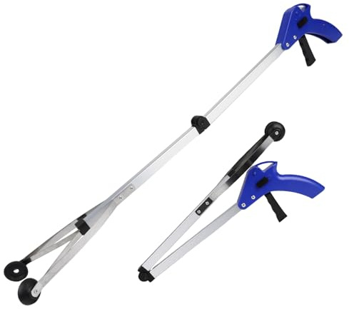 mumisuto 2Pcs Pinzas Extensibles Larga, Pinza Brazo Recoge Objetos Plegable, 83 Cm Plegable Herramienta de Captura de Aluminio, Azul Plateado