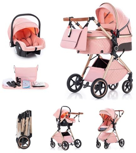 Kakbgee 3 in 1 Kinderwagen mit Babyschale, Faltbar Buggy, 7-fach höhenverstellbarem Griff, 4-Rad Federung, Regenschutz, Moskitonetz, Kombikinderwagen für Neugeborene 0-3 Jahre (15kg), Rosa