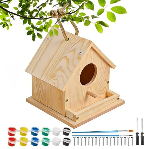 Vogelhaus-Bausatz – DIY-Malbauset aus Holz, bemalbares hängendes Vogelhaus-Bastelspielzeug, pädagogisches Montageset | Wiederverwendbares kreatives Bastelset für Kinder, Familie, Zuhause, Schule, Klas